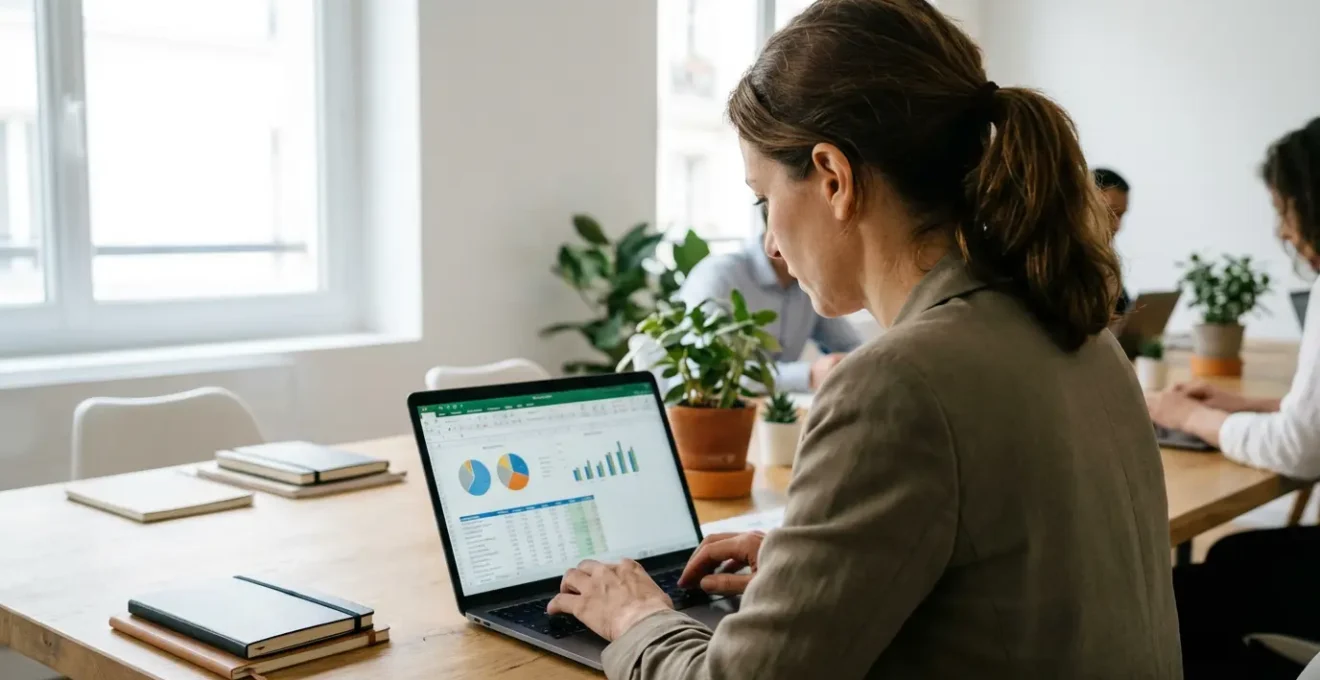 Dirigeante PME consultant documents financement sur écran ordinateur bureau moderne