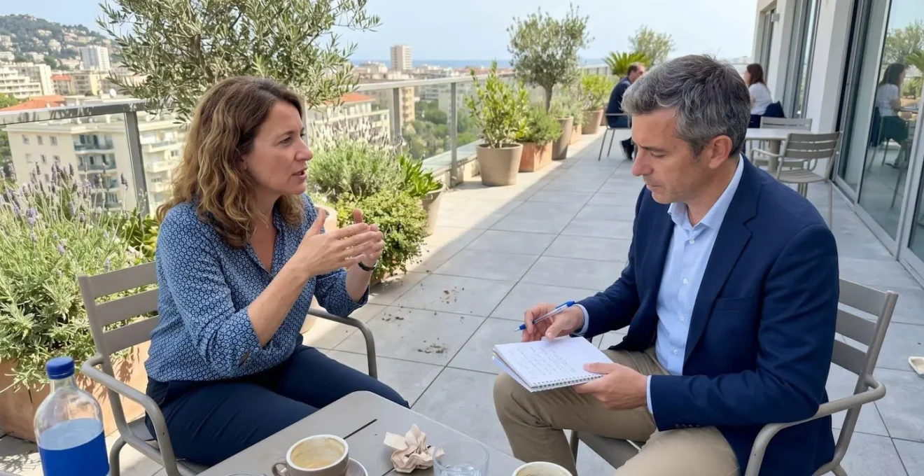 Deux collaborateurs en discussion informelle lors d'une pause séminaire sur une terrasse avec végétation méditerranéenne en arrière-plan
