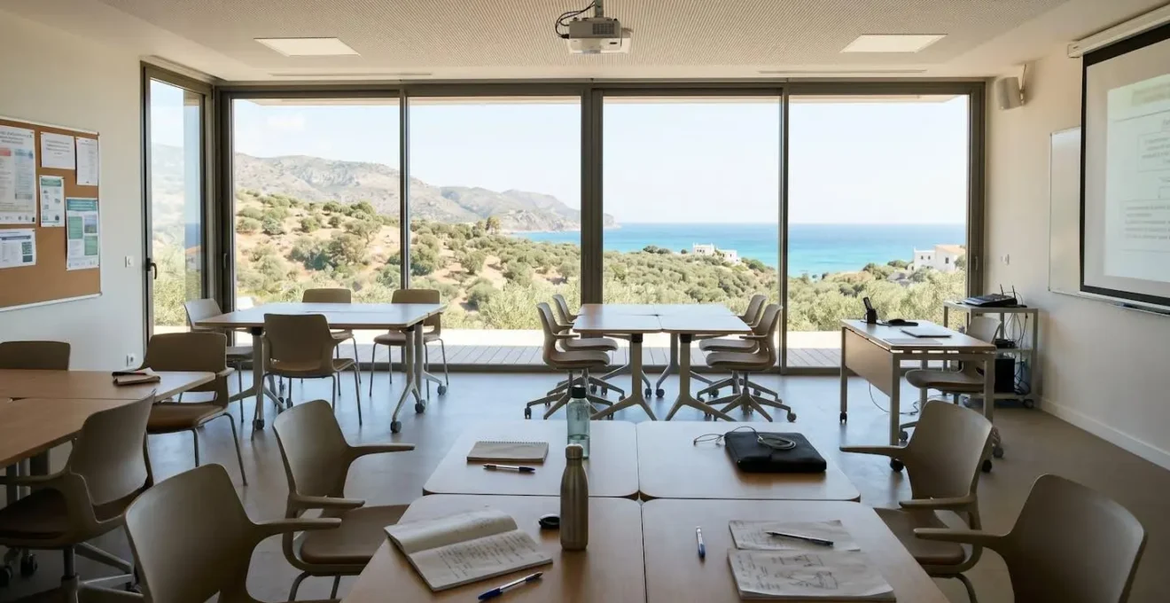 Salle de séminaire moderne lumineuse avec grandes baies vitrées donnant sur un paysage méditerranéen, mobilier contemporain disposé pour le travail collaboratif