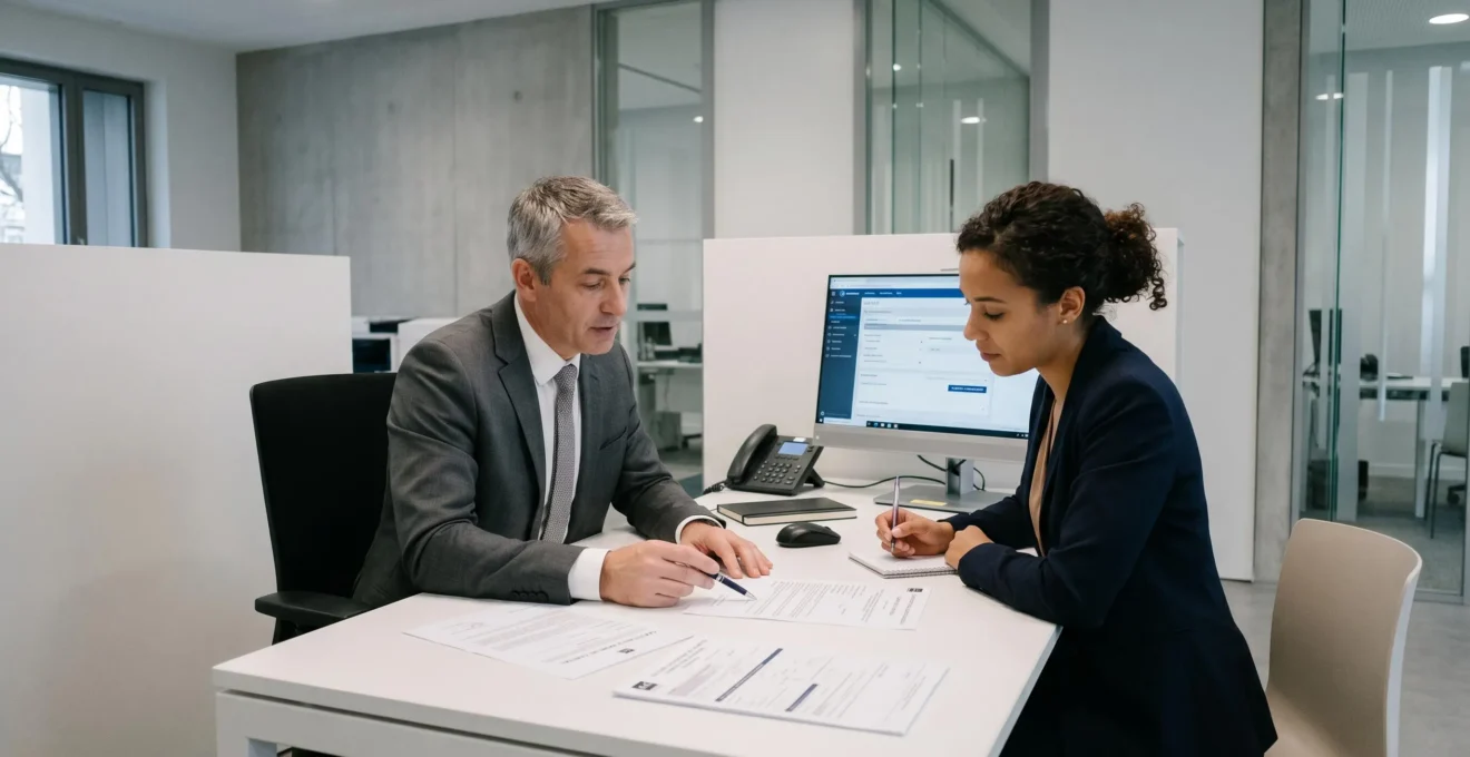 Entrepreneur et conseiller bancaire en rendez-vous dans une agence bancaire française moderne, documents de dépôt de capital social sur le bureau