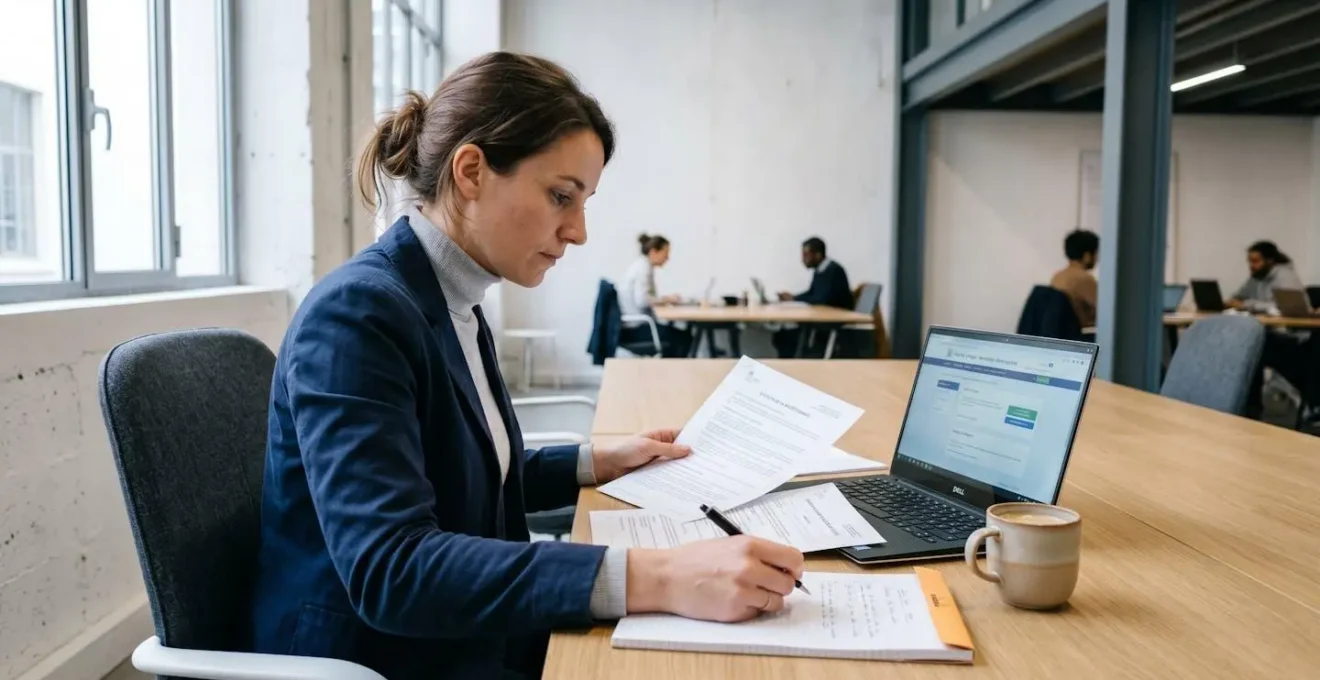 Entrepreneur travaillant sur des documents officiels de création de SASU dans un espace de coworking moderne, ordinateur portable et paperasse administrative sur table en bois clair, lumière naturelle