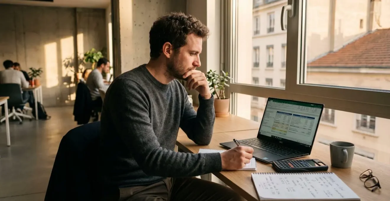 Entrepreneur travaillant sur tableur Excel comparant salaire et dividendes, calculatrice et notes manuscrites sur bureau, lumière de fin d'après-midi